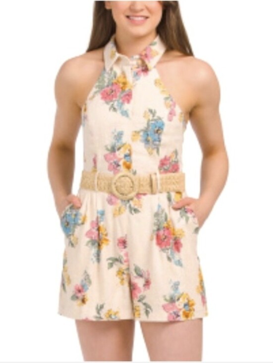 House of Harlow 1960 Pants - House of Harlow 1960 Ivory Floral Linen Blend Halter Romper Shorts- 12